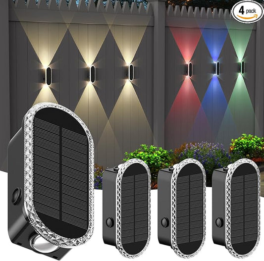 Herzila 4 Pack Solar Fence Lights, RGBW 7-Color Changing Waterproof Top and Bottom Lighting Wall for Landscape/Fence/Patio/Wall/Garden Christmas Solar Lights (2 Installation Modes)
