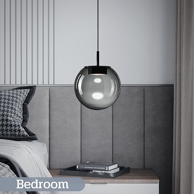 Advanced 3CCT Smoke Glass Pendant Light, Built-in LED Panel for Ultra-Even, Glare-Free Lighting, Modern Design and Stylist Fixture for Kitchen Island, Dining Table and Bedside(7.9in, 2-Pack)
