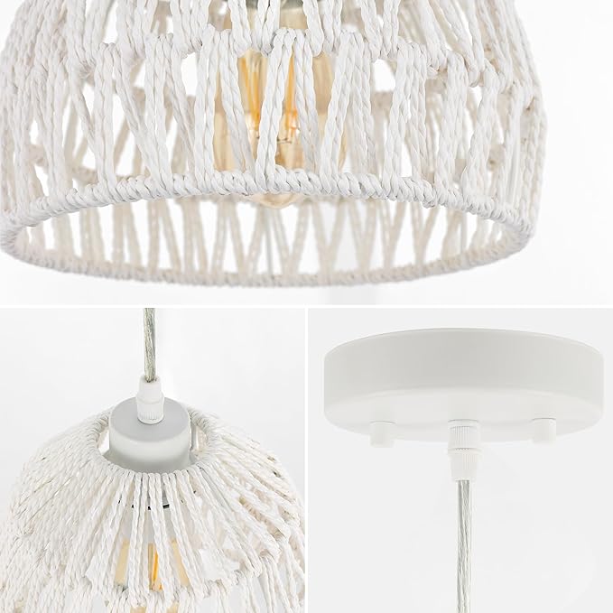 JONATHAN Y 8.25" White Modern Bohemian Woven Rope LED Pendant Light Fixture, Adjustable Dome Ceiling Lamp for Kitchen Island, Rope Shade, Coastal Farmhouse Decor (JYL6512A)