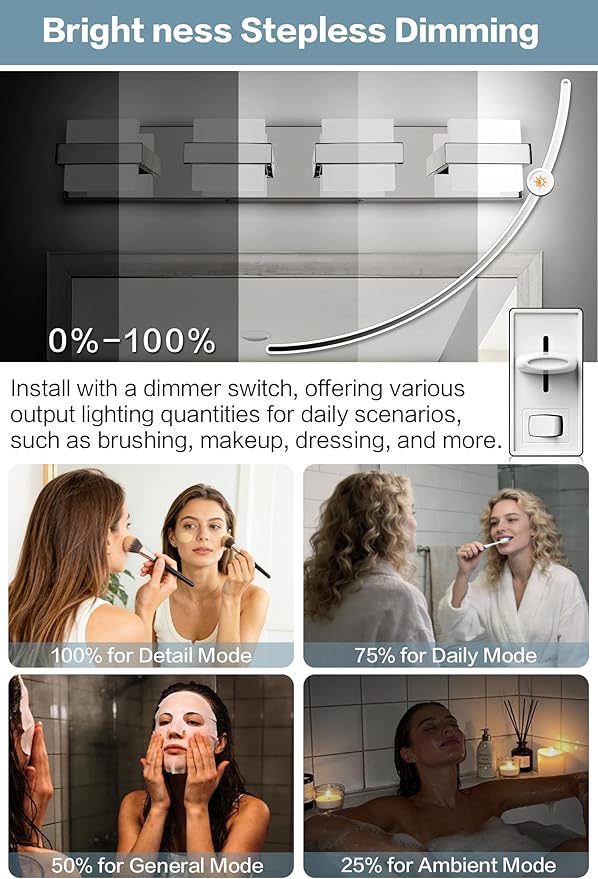 SOLFART Chrome Vanity Lights for Bathroom Above Mirror,4 Light Bathroom Light Fixtures, LED Lighting Fixture, Nickel Vanity Light,5 Color Temperature Adjustable Light Over Mirror