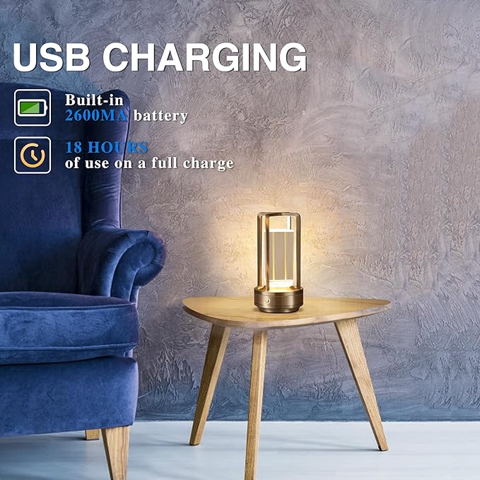 Anxingtools Portable Metal Table Lamp, Cordless Table Lamp, Rechargeable Battery Powered Portable LED Desk Lamp, 3 Color Stepless Dimming Touch, for Bedroom Restaurant Home Outdoor (2 Set of Silver)