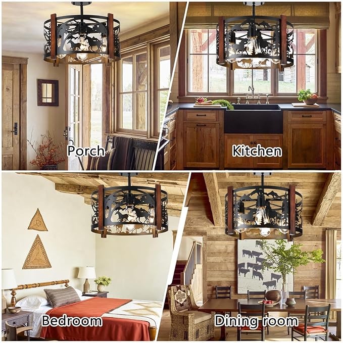 Farmhouse Rustic Horse Ceiling Light Fixtures, 4-Light Round E26 Base Black Metal Wooden Fixture for Kitchen, Living Room,Foyer, Bedroom, Hallway-‎16.5" L* 16.5" W * 11.8" H