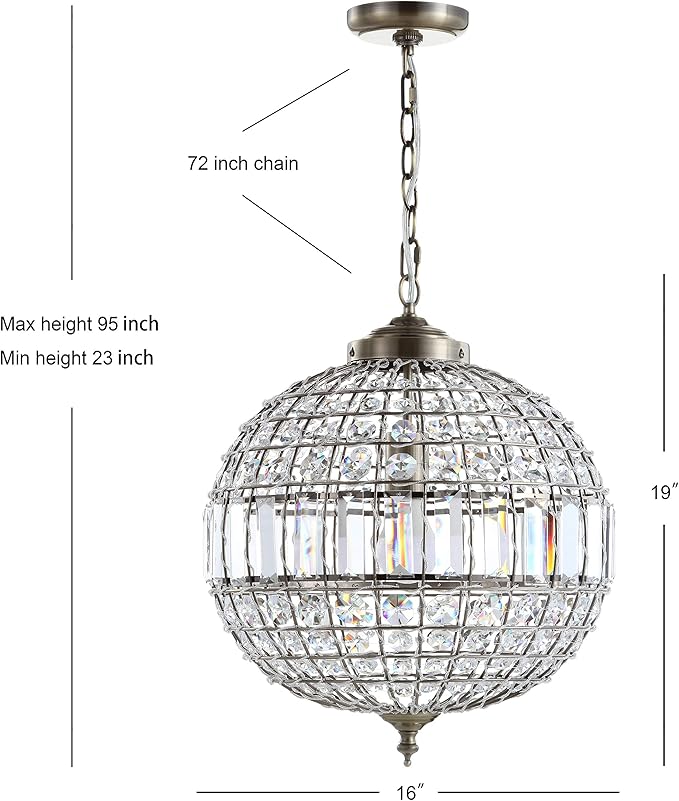 JONATHAN Y 16" Antique Brass/Clear Modern Crystal LED Pendant Light for Kitchen, Clear Crystal Shade, Glam Globe Chandelier Hanging Ceiling Lamp for Dining Room Entryway (JYL6110B)