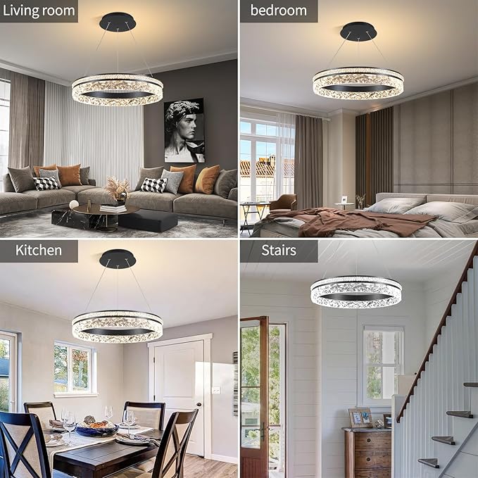 Modern LED Chandelier 1 Ring 19.7in Pendant Lighting for Kitchen Island 50W Dimmable LED Pendant Ceiling Light Black Hanging Light Fixtures with Remote for Kitchen Dining Room Bedroom Living Room