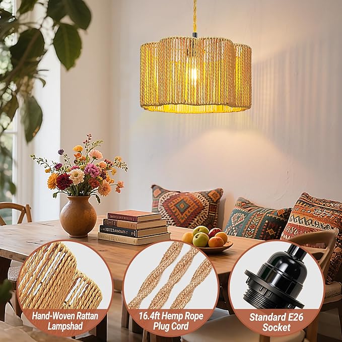 Hanging Lights with Plug in Cord Rattan Hanging Lamp Boho Ceiling Light Fixtures Farmhouse Pendant Lamp Shape for Living Room Bedroom Kitchen