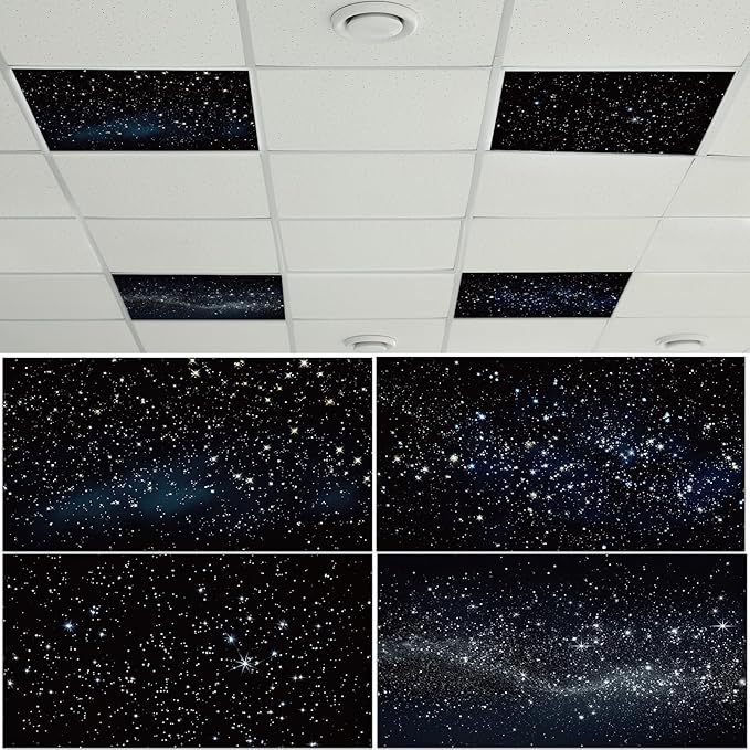 4 Pcs Fluorescent Light Covers with 40 Magnets Decorative for Classroom Ceiling Light 4 x 2 Feet Magnetic Light Covers Filter Easy Install for Office Hospitals & Home Drop Ceiling Supplies (Star)