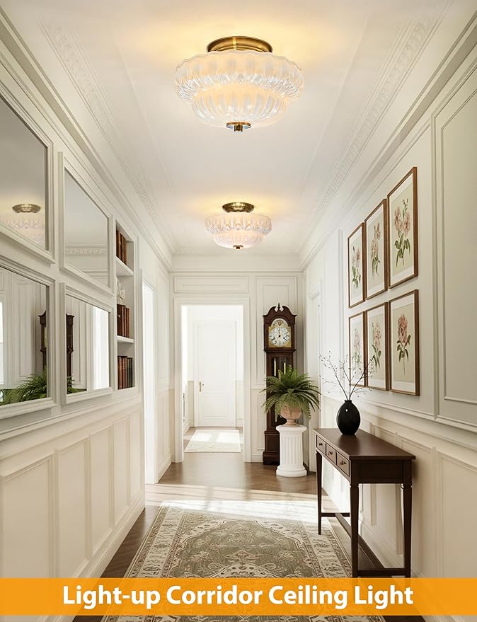 Semi Flush Mount Ceiling Light,11IN Vintage Gold Hallway Lights Fixture,3-Bulb Globe Milk Glass Close to Ceiling Light for Bathroom, Hallway, Dining Room,Bulb Not Included