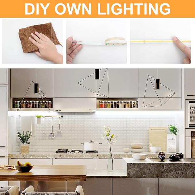 AXMOTUT White COB LED Strip Light, Dimmable 24.6ft/7.5m LED Light, 6000K Daylight White 2400 LEDs High Lumen LED Tape Lights CRI 90+ with RF Remote and UL Power for Bedroom,Kitchen,DIY Home Decoration