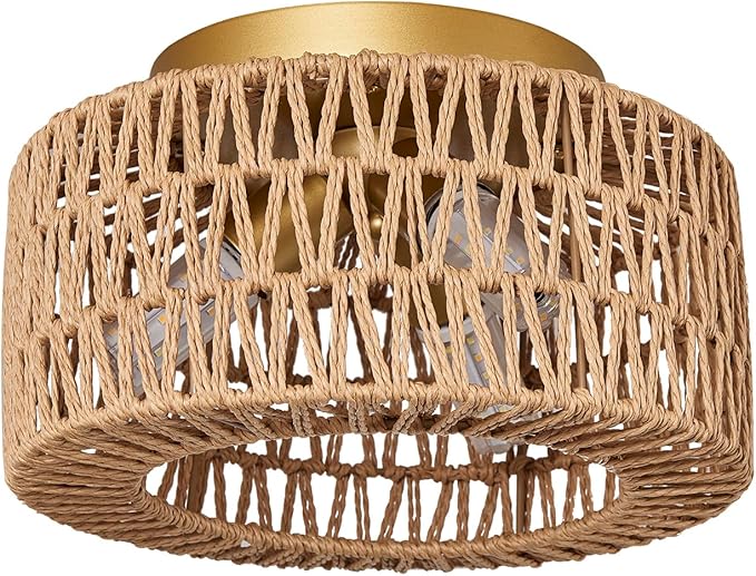 Rattan Light Fixtures Ceiling Mount, 3-Lights Boho Flush Mount Ceiling Light, Hand-Woven Cage Shade Lamp Lighting, Rustic Rattan Chandelier for Hallway Bedroom Kitchen Farmhouse Foyer Entryway (Gold)
