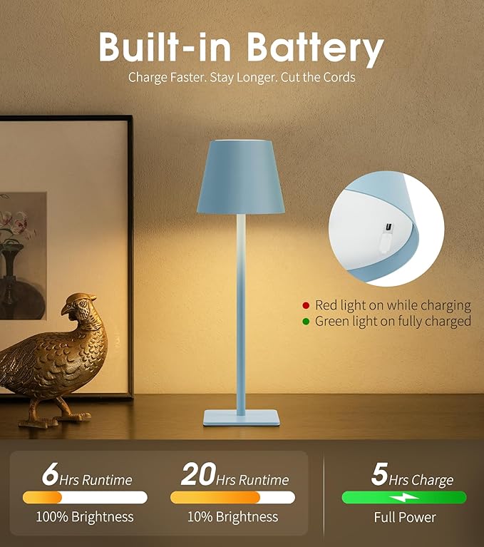 UME 3 Pack Cordless Table Lamp, Battery Operated Lamp - Portable Waterproof Rechargeable Table Lamp w/ 3 Color Temps & Stepless Dimming for Dinner, Desk, Cafe, Outdoor (Blue)