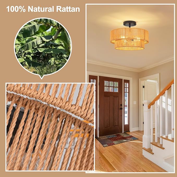 Rattan Ceiling Light Fixture Modern Boho Chandelier Flush Mount Ceiling Light 3-Lights 12.99",Boho Woven Wicker Light Fixtures for Hallway Bedroom Living Room Entryway Kitchen Island