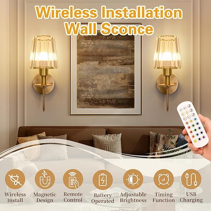 Battery Operated Wall Sconces Set of 2 – 5200mAh Rechargeable Gold Crystal Glass, 15 Colors & 10-Level Dimmable, Wireless Wall Lights for Living Room & Bedroom