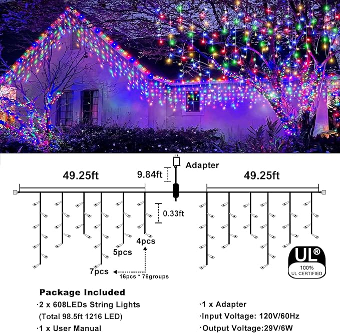 Icicle Christmas Lights Outdoor - 98FT 1216 LED Icicle Lights for Outside with 8 Modes Timer, 228 Drops Waterproof Hanging String Light Indoor for House Patio Garden Party Decorations, Multicolor