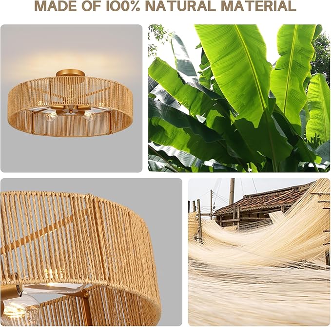 24" Natural Rattan Flush Mount Ceiling Light Fixture, 5-Light Gold Hand-Woven Wicker Boho Chandelier for Bedroom, Living Room, Dining Room, Kitchen, Rustic Lamp for Hallway and Entryway