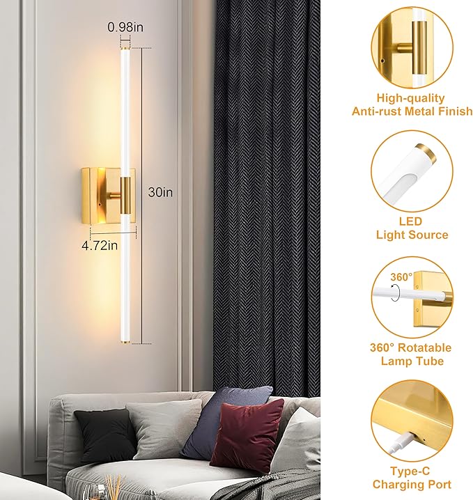 Morauroral 30 Inch White Gold Battery Operated Wall Sconces Set of 2, Dimmable Battery Wall Sconce with Remote Control, LED Rechargeable Sconces, Modern Wireless Wall Lights for Bedroom, Living Room