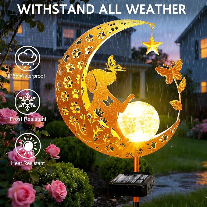 Solar Garden Decor Outdoor Statue, Moon Fairy Garden Figurines with Dog Design for Mom Women Grandma Solar Stake Lights for Patio, Yard, Lawn, Pathway (Warm White)
