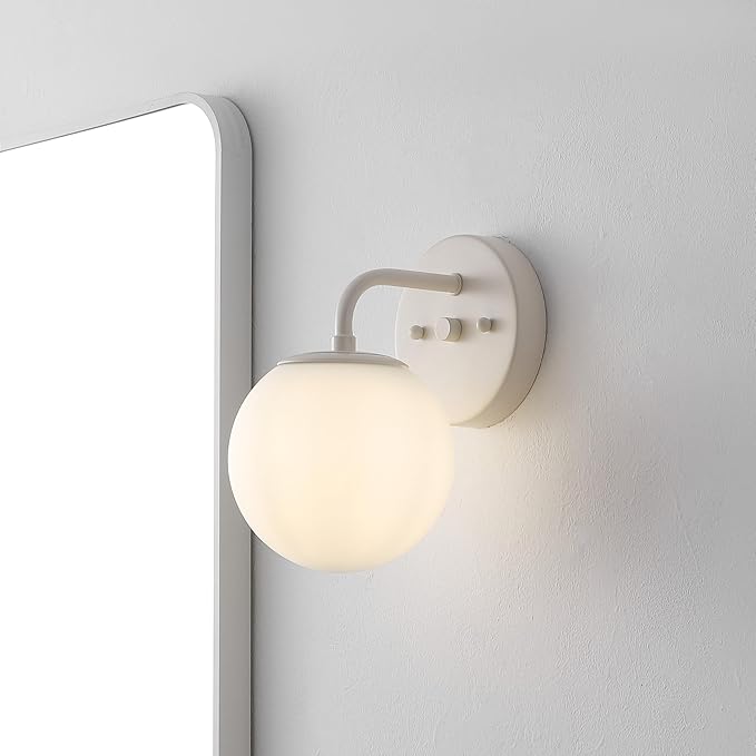 JONATHAN Y 5.75" Almond Modern Globe Wall Sconce Vanity Light for Bathroom, White 1-Light Frosted Glass Shade, Midcentury Parisian Bistro Wall Lamp, LED Bulb Included (JYL3534C)