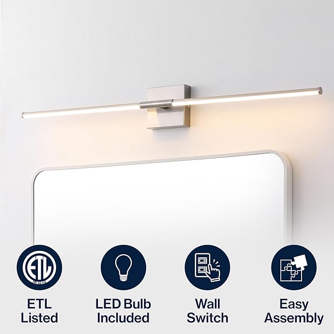 JONATHAN Y 32" Nickel Modern Dimmable Integrated LED Wall Sconce, Minimalist Adjustable Metal Vanity Light for Bathroom Mirror, Bedroom, Hallway, 3000K, ETL Listed (JYL7040E)