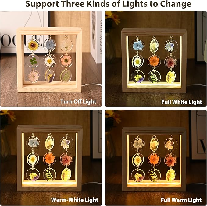 SMUK Dried Flower LED Table Lamp, Handmade Aesthetic 3 Way Dimmable Decorative Pressed Flower Desk Lamp with Wood Frame for Bedroom, Living Room, Office, Desk, Table Unique Bedside Lamps