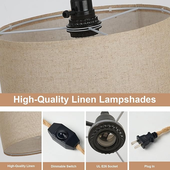 Plug in Pendant Lights Fabric Hanging Lamp Kit with Dimmable Switch 15 Ft Long Hemp Rope Farmhouse Pndant Light Cord Lighting Fixture DIY Hanging Light