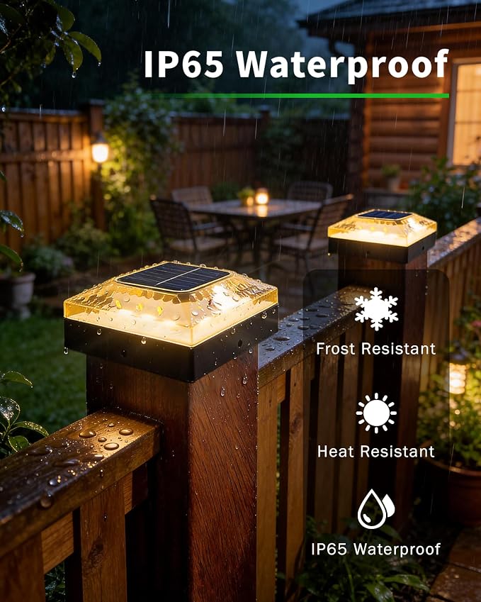 4x4 Post Solar Lights, 3 Colors Fence Light Solar Powered, 2 Brightness Solar Post Cap Lights Waterproof for Wood/Vinyl Posts, Garden, Patio, Deck, Hammered Light, 6 Pack