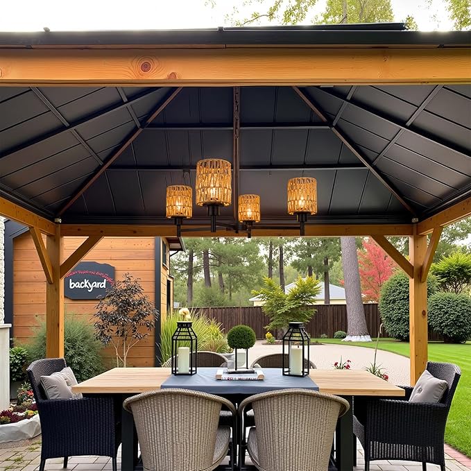 Outdoor Solar Chandelier, 4-Light 28" Hanging Pendant Lights, Rattan Waterproof Dimmable, Outdoor Chandelier for Gazebo, Pergola, Porch, Patio