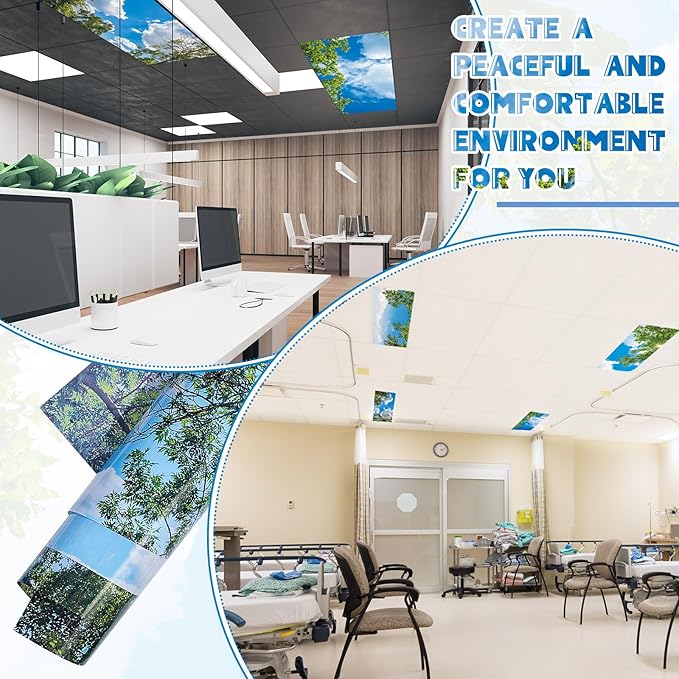 Amylove 8 Pcs 4 x 2 Feet Backlit Film Material Fluorescent Light Covers Classroom Filters Ceiling Light Covers Panels Florescent Diffuser(Blue Sky, Leaves)