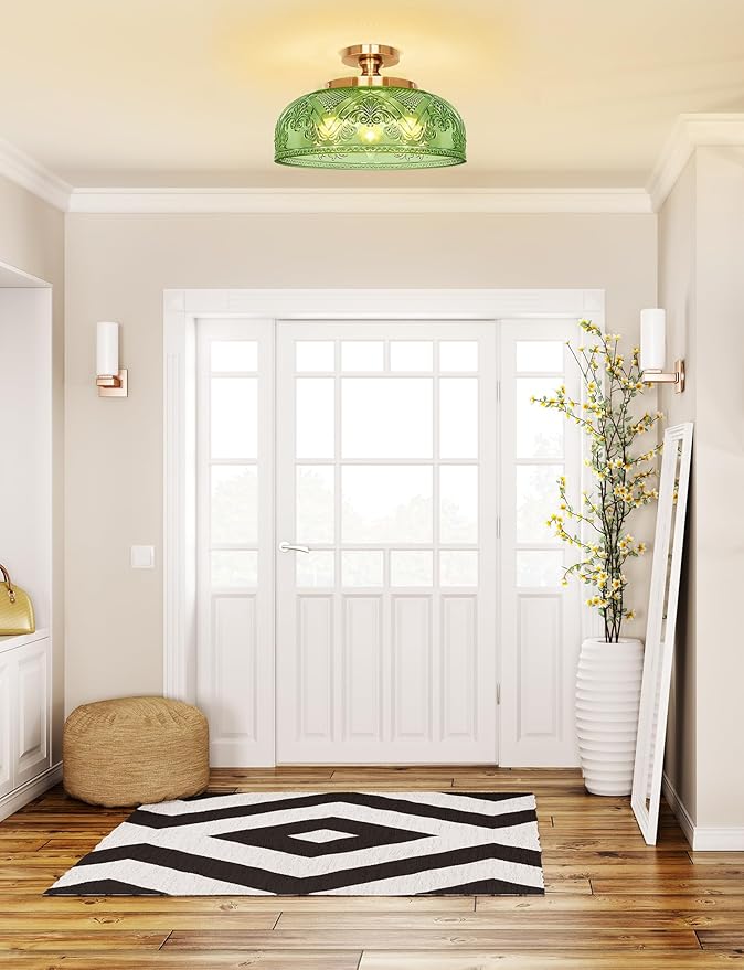 Green Semi Flush Mount Ceiling Light, 12 Inch Large Ceiling Light Fixture Gold, 3-Light Globe Glass Farmhouse Kitchen Lighting Fixtures for Bathroom, Hallway, Dining Room (Bulb Not Included)