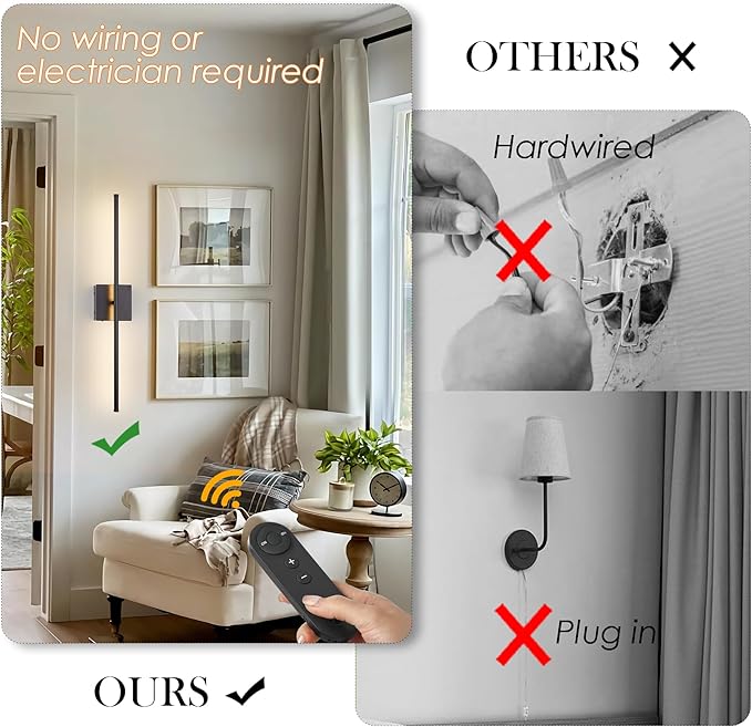 KARTOOSH Battery Operated Wall Sconces with Remote Control, Dimmable Wall Sconces Set of Two, 350°Rotate, 3000K LED Black Wireless Wall Light for Living Room, Hallway, Bedroom, 24.4 Inch (2 Pack)