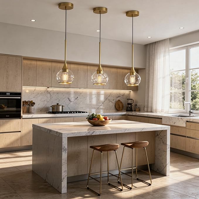 Kitchen Island Linear Pendant Light, 1-Pack 1-Light Gold Pendant Light, Brushed Gold Glass Globe Hanging Light Fixture for Dining Room, Over Table, Bar