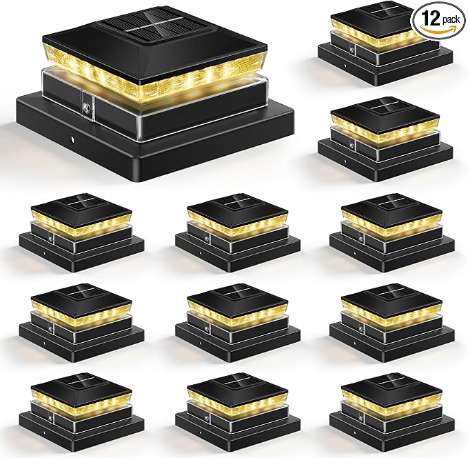 Solar Post Cap Lights 12 Pack, IP65 Waterproof Outdoor Fence Post Solar Lights for 3.5x3.5 4x4 5x5 Wood/Vinyl Posts, 10-12H Upgraded Warm/Cool White Glow for Garden/Patio/Porch - Black