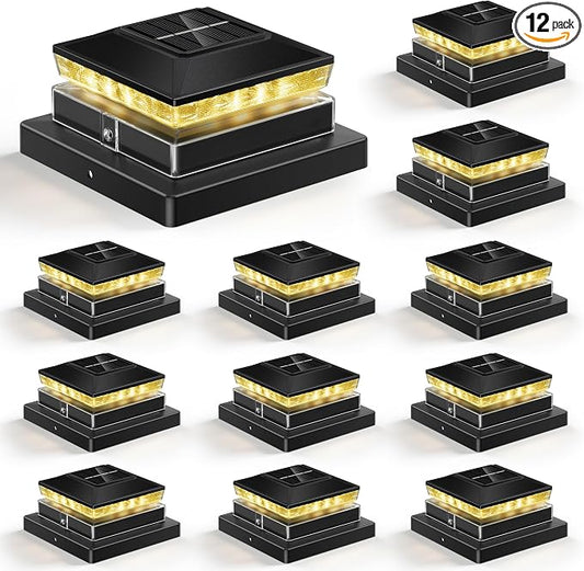 Solar Post Cap Lights 12 Pack, IP65 Waterproof Outdoor Fence Post Solar Lights for 3.5x3.5 4x4 5x5 Wood/Vinyl Posts, 10-12H Upgraded Warm/Cool White Glow for Garden/Patio/Porch - Black