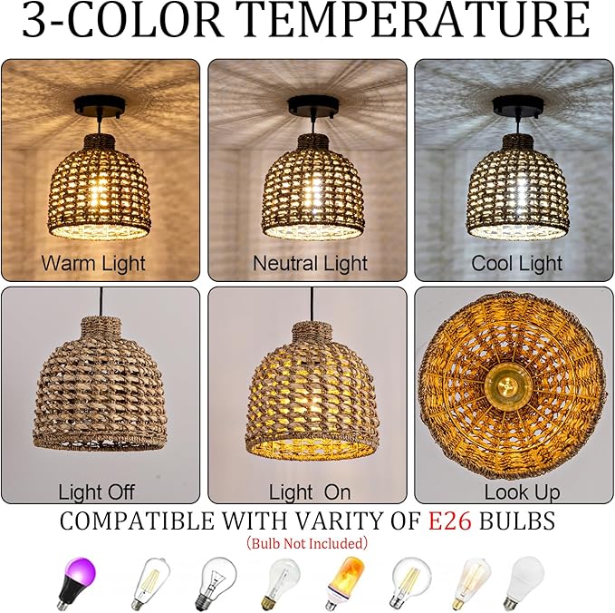 Mini Rattan Pendant Light Fixtures,9.06" Boho Pendant Light,3-Pack Hand Woven Seagrass Rattan Chandelier for Dining Living Bedroom Kitchen Farmhouse