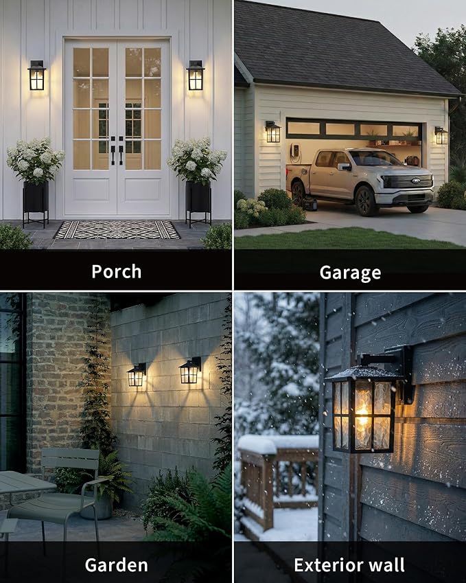 KDG Outdoor Waterproof Patio Wall Light Fixtures Set of 2, Black E26 Socket Exterior Lanterns with Tempered Glass, Modern Wall Mounted Lamp Suitable for Home, Front Door, Garden, Garage, Porch