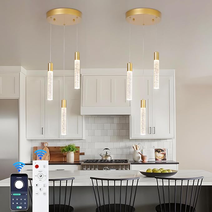 3-Light Bubble Crystal Ceiling Gold Integrated Crystal Pendant Chandelier,Dimmable LED Ceiling Light with Adjustable Height for Kitchen Island, Dining Room & Bedroom 3000K -6000K