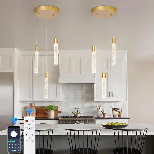 3-Light Bubble Crystal Ceiling Gold Integrated Crystal Pendant Chandelier,Dimmable LED Ceiling Light with Adjustable Height for Kitchen Island, Dining Room & Bedroom 3000K -6000K