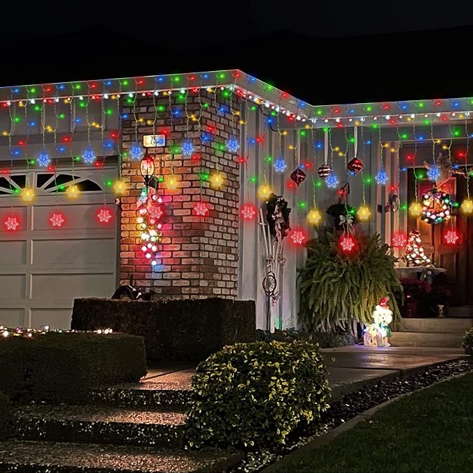 weillsnow 360 LED Icicle Christmas Lights with Snowflake, 29.5ft 72 Drops Connectable 8 Modes Waterproof Icicle Light Outdoor for Curtain, Eaves, Window, Christmas Decorations (Multi-Colored)