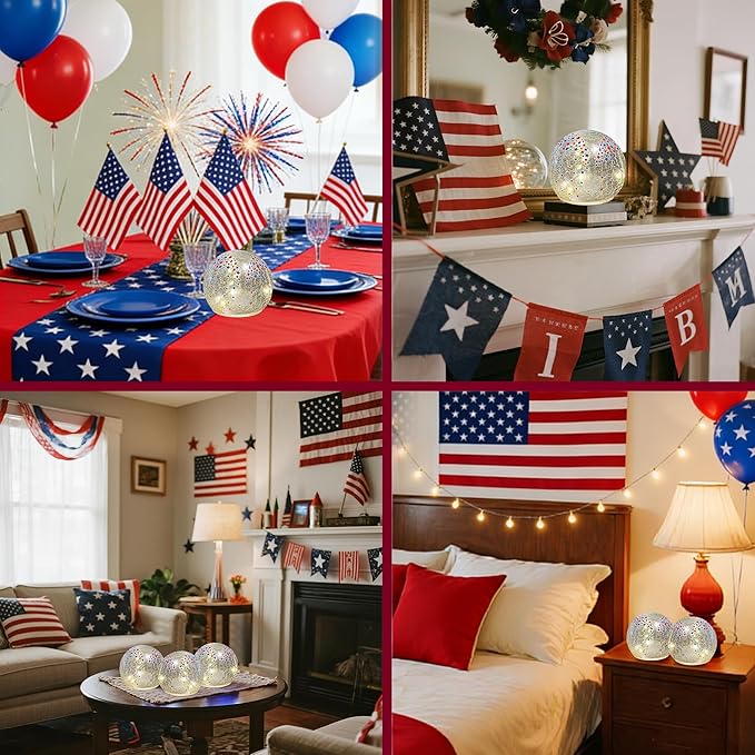 3PCS Independence Day Decorative Lights, 3.93-inch Independence Day Desktop Decoration LED Night Light, Cracked Glass Ball Light with Timer, 4th of July Decoration (Small Five-Pointed Star)