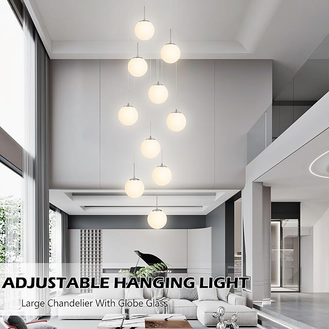 KoKo&Yukina 10 Light Globe Pendant Light Adjustable Hanging Light Staircase Chandelier Milk Glass Pendant Lights with Milky White Glass Shade Globe Lights for Staircase