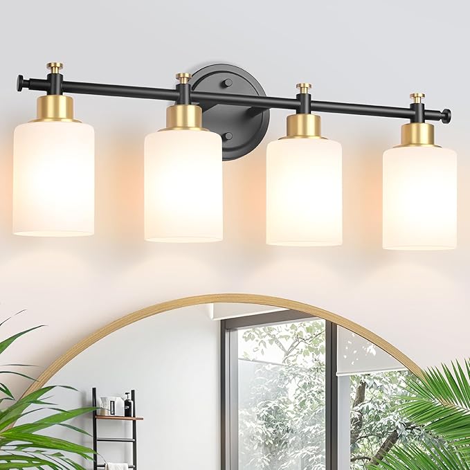 4-Light Bathroom Vanity Light, Modern Black and Gold Vanity Lights for Bathroom, White Frosted Glass Shades, Anti-Rust Vanity Light Fixture over Mirror, 23 Inch (Bulbs Not Included, E26 Base)
