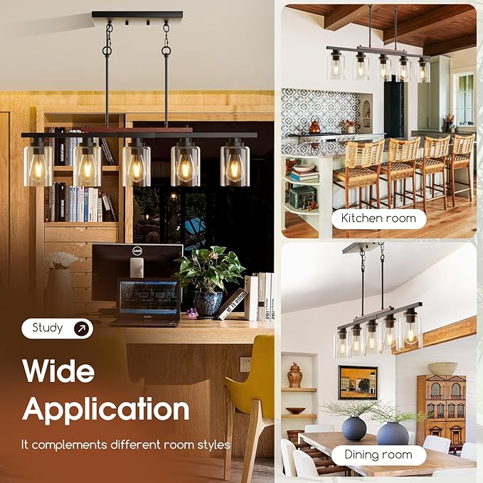 5-Light Kitchen Island Light, 33.4" Island Lighting with Black Metal & Wood, Dining Room Light Fixture for Kitchen Island, Adjustable Height (Bulbs Not Included)