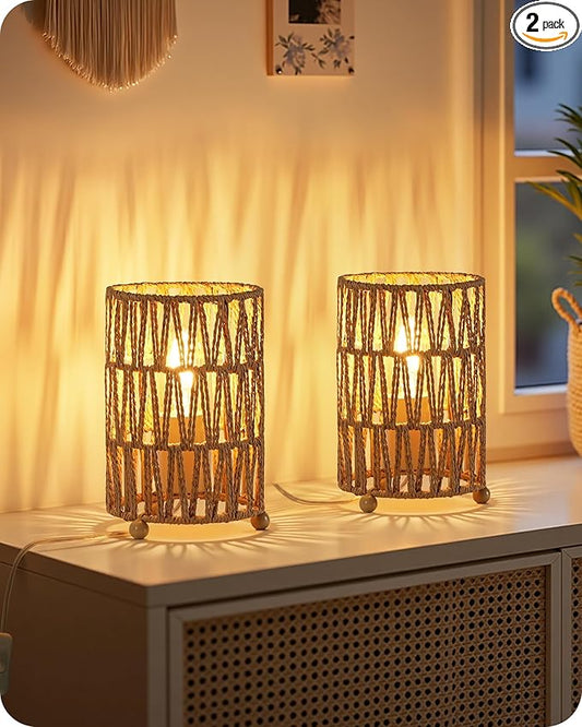Small Rattan Table Lamps Set of 2, Boho Bedside Lamps Plug in, Handwoven Paper Rattan Lampshade, 2400K LED Bulb Included, Desk Lamp, Nightstand Lamp for Bedroom, Living Room, Mesh H11TLP205