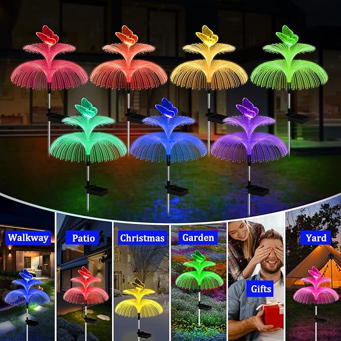 Weepong Solar Garden Lights Waterproof 6 Pack Solar Lights Outdoor Decorative 7 Color Changing Double Jellyfish and Butterfly Flower Yard Garden Decor Lawn Christmas Outside, Gifts for Mother's Women