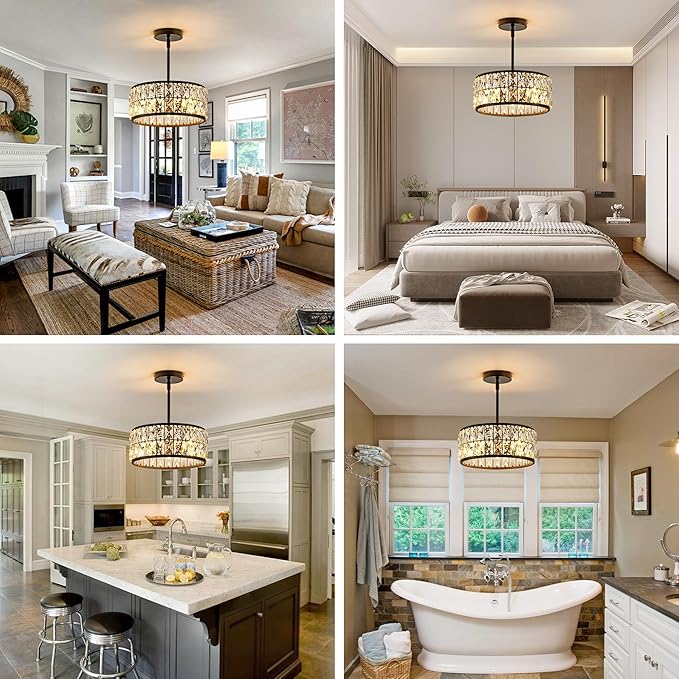 3-Light Crystal Ceiling Light, Modern Semi Flush Mount Ceiling Light, Black Crystal Chandelier for Kitchen Bedroom Bathroom Entryway Hallway
