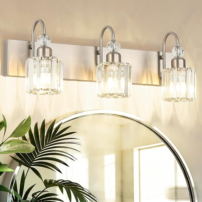 Ralbay Brushed Nickel Vanity Light for Bathroom Crystal 3-Light Modern Bathroom Light Fixtures