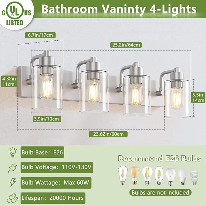 Dpyrrhic Brushed Nickel Bathroom Light Fixtures, Wall Mounted 4-Light Bathroom Lights Over Mirror with Clear Glass Shade,Wall Sconces for Kitchen Living Room Bedroom