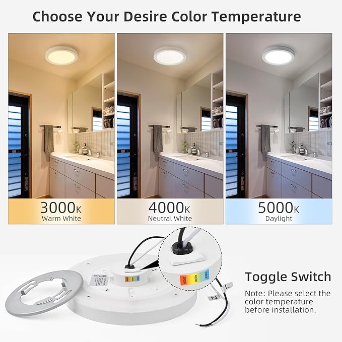 Hlite 7.5 Inch Flush Mount LED Ceiling Light with Night Light, CRI90, 15W, 1500 LM, 3000K/4000K/5000K Selectable, Flat Round LED Ceiling Light, Dimmable Bedroom Lights for Ceiling, White(2Pack)