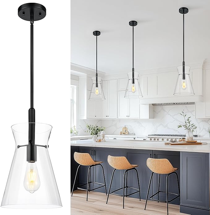Emak Black Pendant Lights Kitchen Island, Modern 9 Inch Large Clear Glass Pendant Light, Farmhouse Hanging Lights for Kitchen, Dining Room, PL130-BK-CG