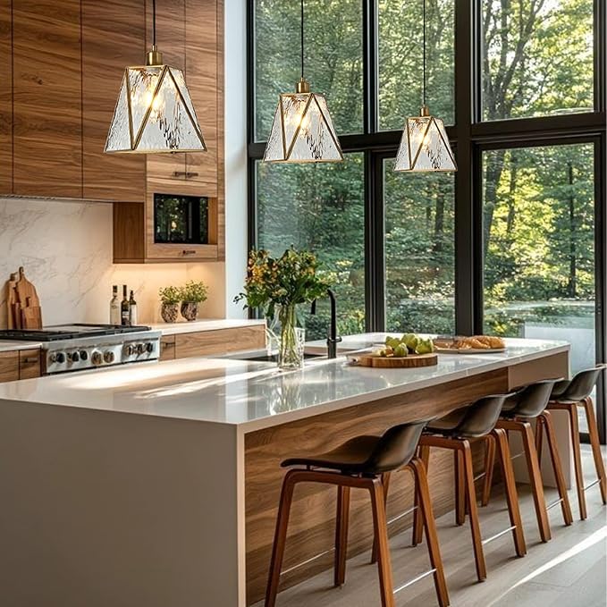 Milaii Copper Brass Pendant Light with Water Ripple Glass Lampshade 10.2" Geometric Glass Pendant Lighting Adjustable Hanging Lights Fixture for Kitchen Island Dining Room Hallway