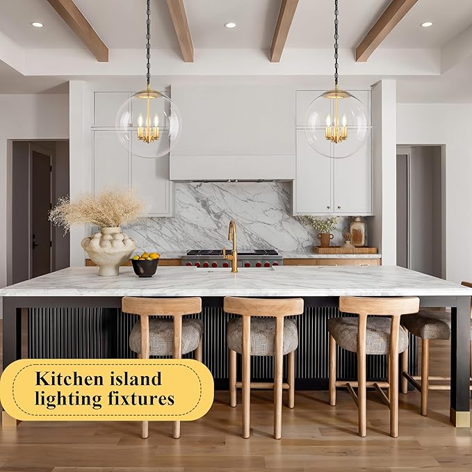 KoKo&Yukina 14" Gold Globe Pendant Light Mid Century Pendant Light Clear Glass Pendant Lights Kitchen Island Adjustable Hanging Light Fixture for Dining Room Bedroom Kitchen Island